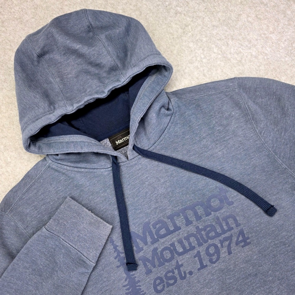 Marmot Mountain Est 1974 Hoodie Men's Size Medium Blue Cotton Blend Pullover‎